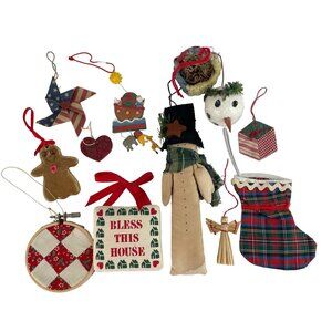 Vintage Handmade Christmas Ornaments Set of 12 Angel Snowman Stocking Pinwheel